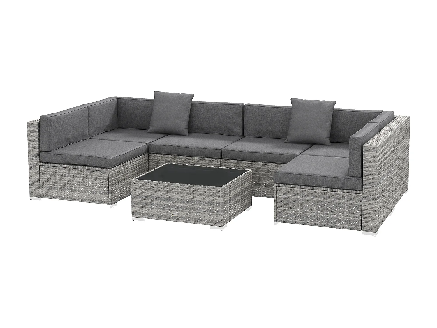 Ensemble salon de jardin 7 pièces modulables table basse plateau verre trempé coussins déhoussables inclus résine tressée imitation rotin gris