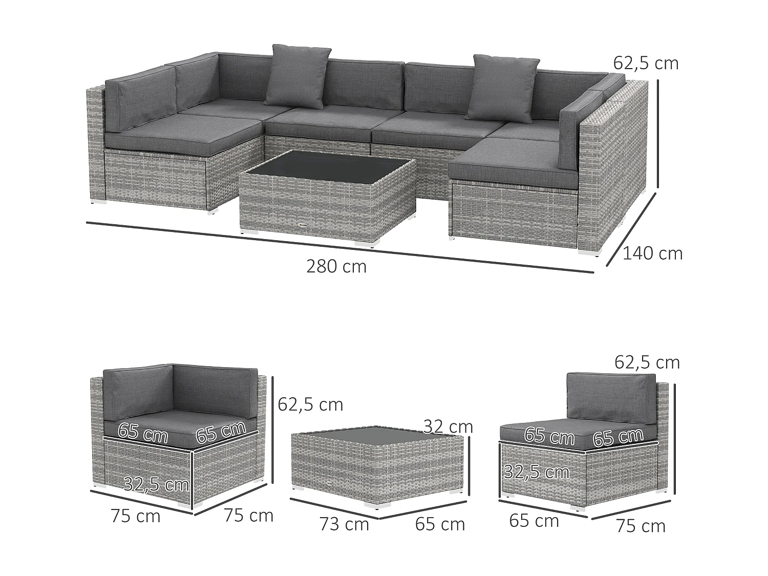 Ensemble salon de jardin 7 pièces modulables table basse plateau verre trempé coussins déhoussables inclus résine tressée imitation rotin gris
