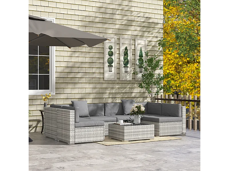 Ensemble salon de jardin 7 pièces modulables table basse plateau verre trempé coussins déhoussables inclus résine tressée imitation rotin gris