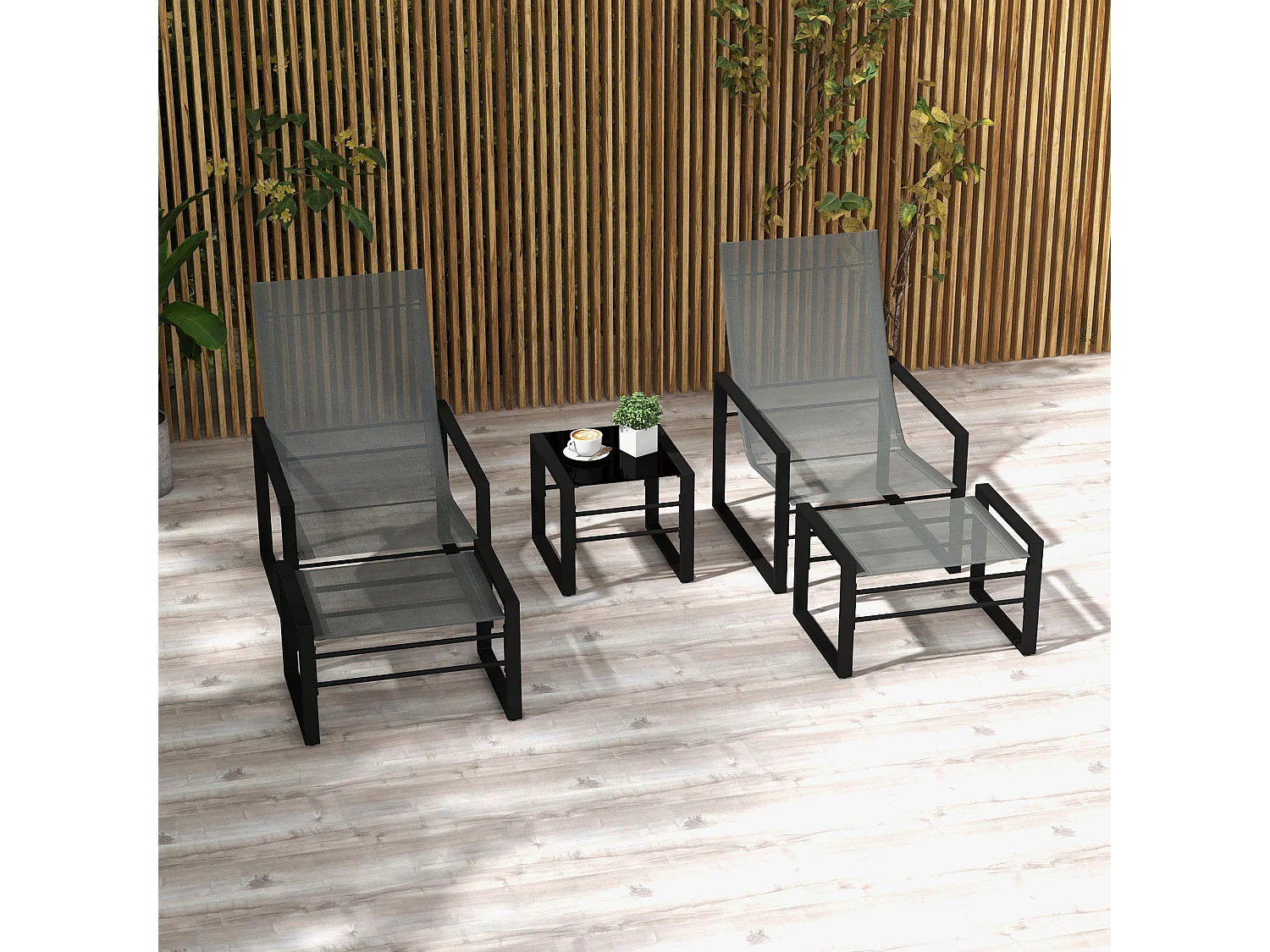 Salon de jardin 5 pièces 2 places métal noir tissu mesh gris