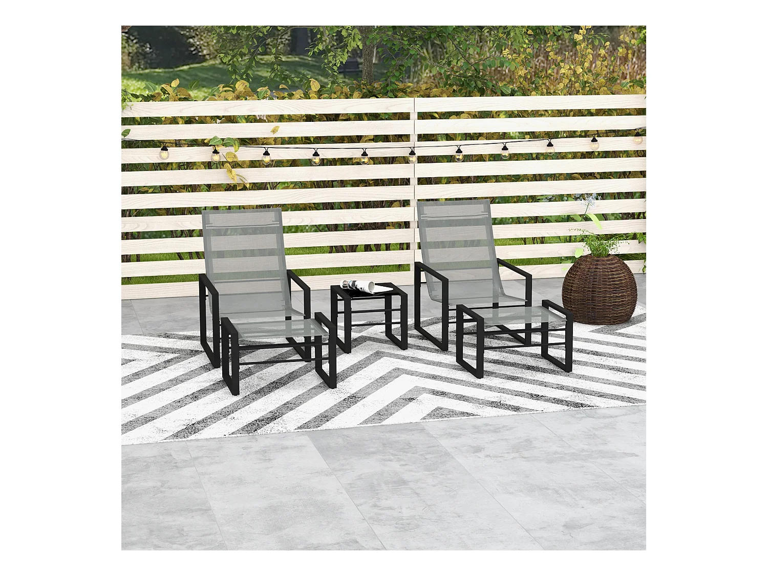 Salon de jardin 5 pièces 2 places métal noir tissu mesh gris