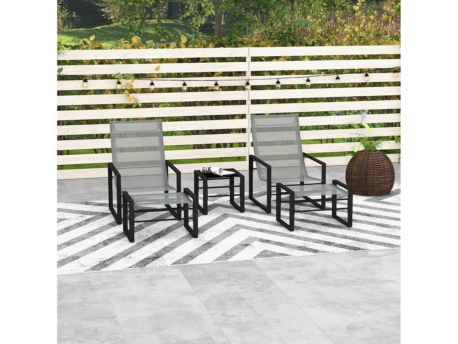 Salon de jardin 5 pièces 2 places métal noir tissu mesh gris