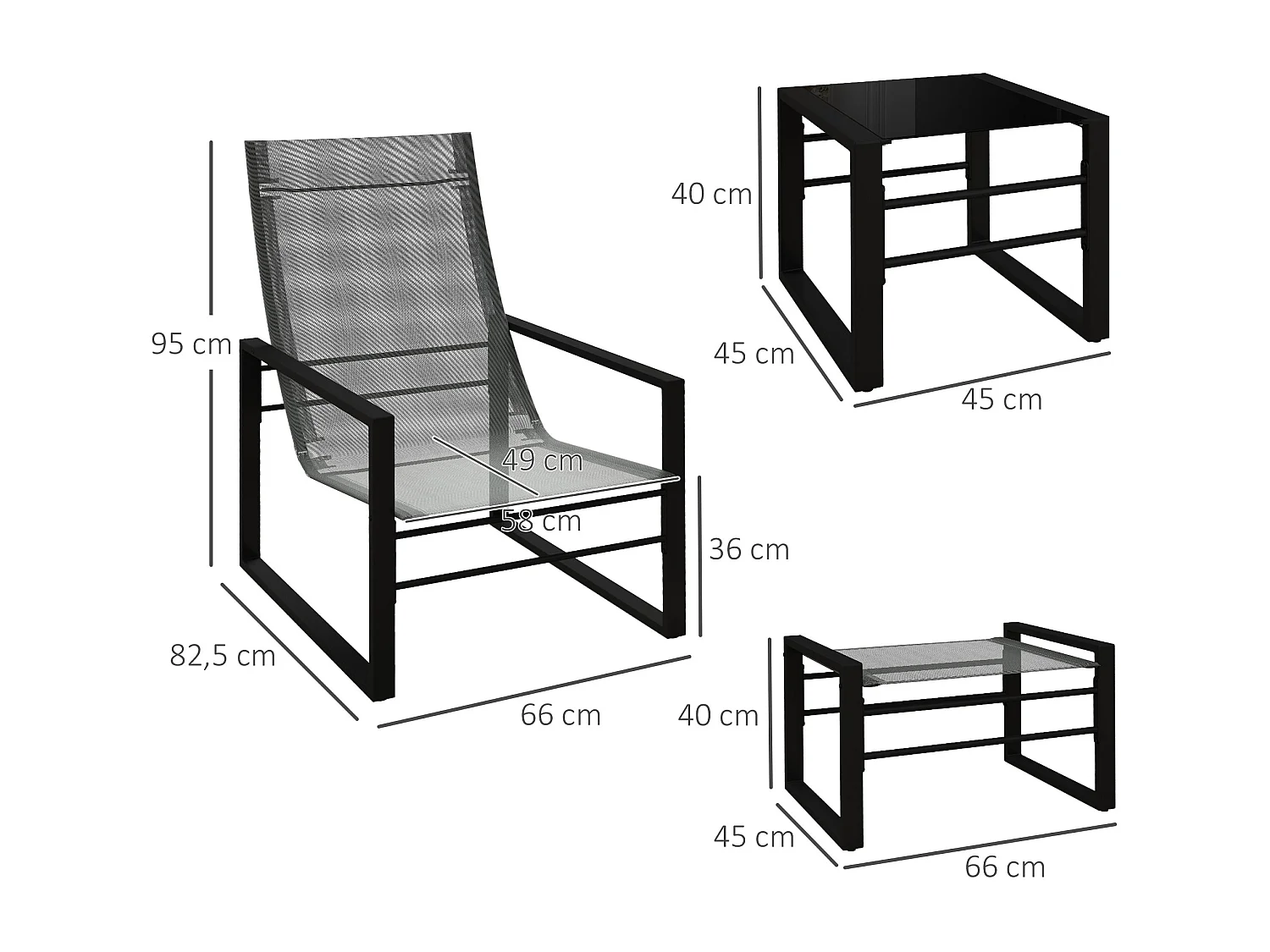 Salon de jardin 5 pièces 2 places métal noir tissu mesh gris