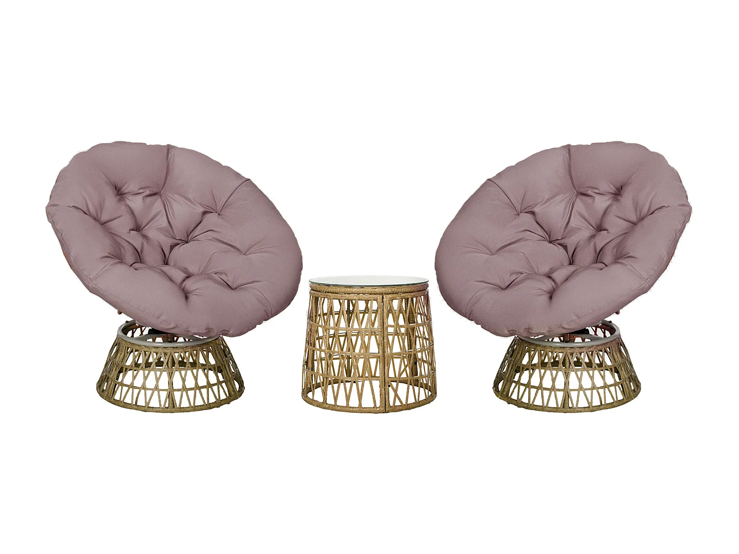 Ensemble salon de jardin 3 pièces - 2 fauteuils papasan, table basse - coussins taupe - résine tressée aspect rotin