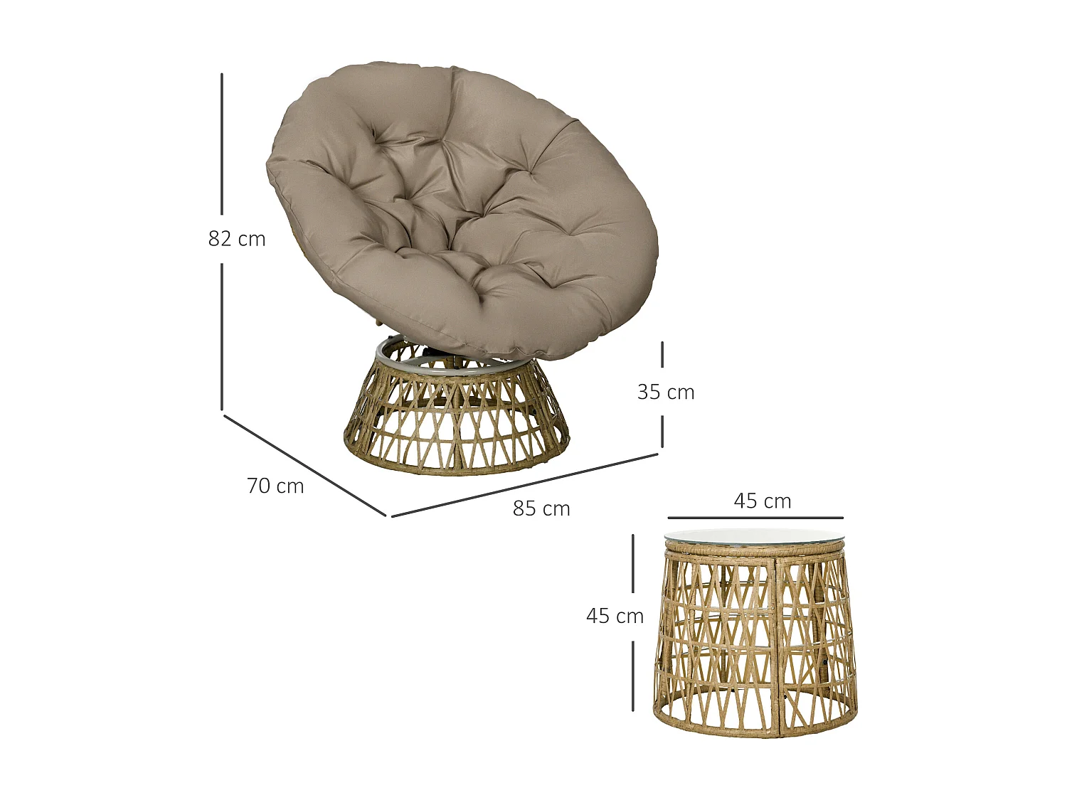 Ensemble salon de jardin 3 pièces - 2 fauteuils papasan, table basse - coussins taupe - résine tressée aspect rotin