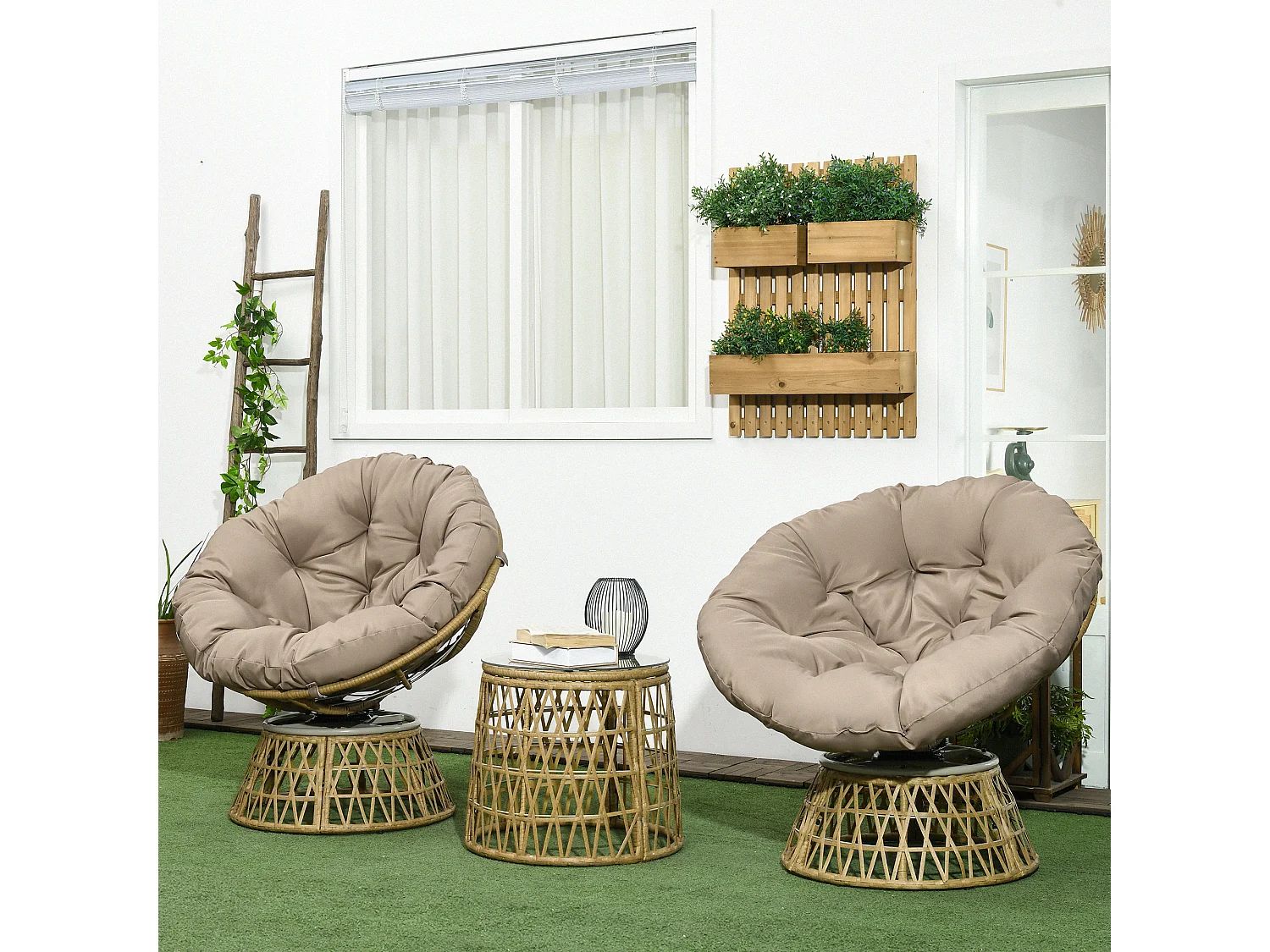 Ensemble salon de jardin 3 pièces - 2 fauteuils papasan, table basse - coussins taupe - résine tressée aspect rotin