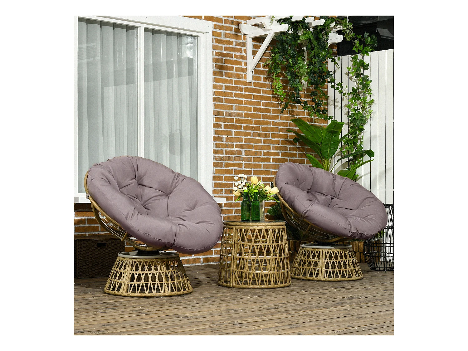 Ensemble salon de jardin 3 pièces - 2 fauteuils papasan, table basse - coussins taupe - résine tressée aspect rotin