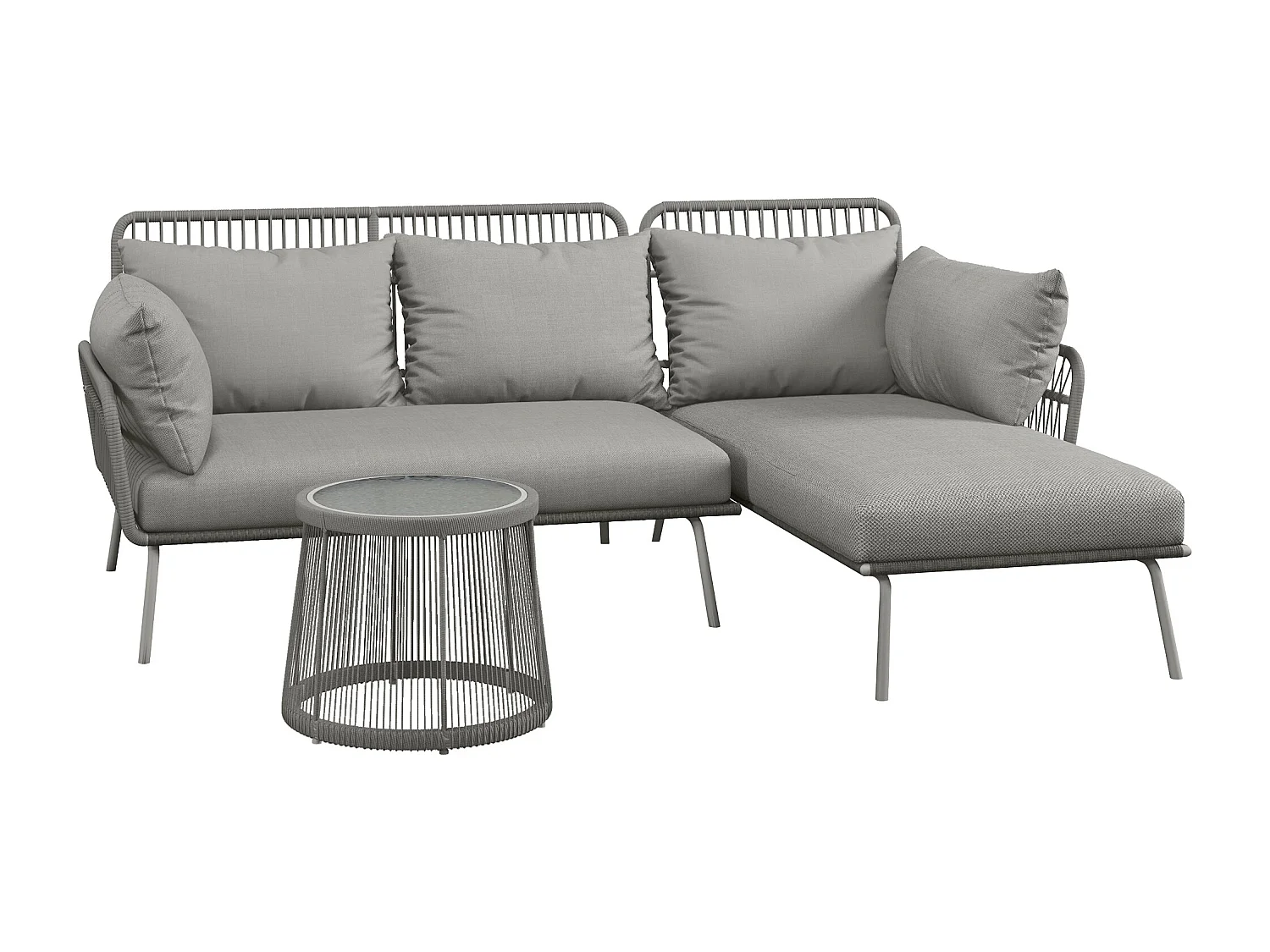 Salon de jardin d'angle 4 pers. style colonial table basse coussins grand confort inclus résine tressée gris