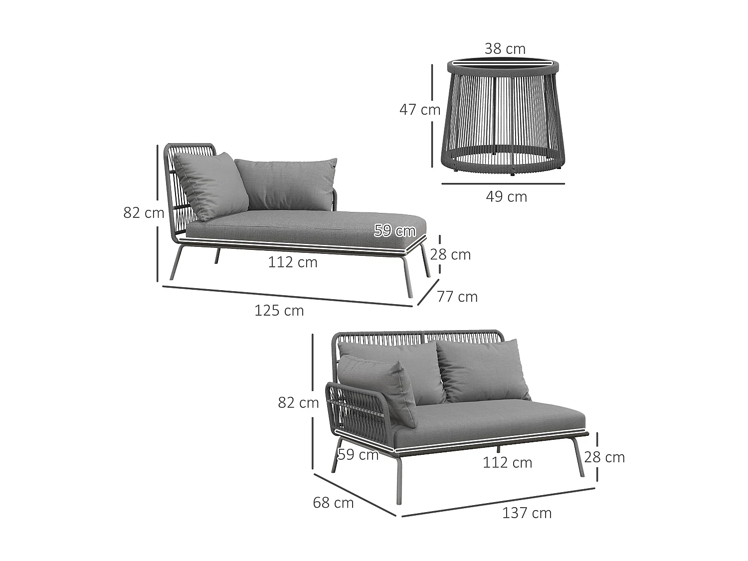 Salon de jardin d'angle 4 pers. style colonial table basse coussins grand confort inclus résine tressée gris