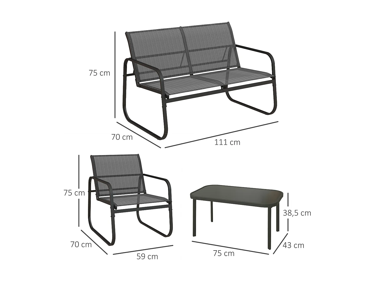 Ensemble salon de jardin 2 fauteuils canapé 2 places table basse