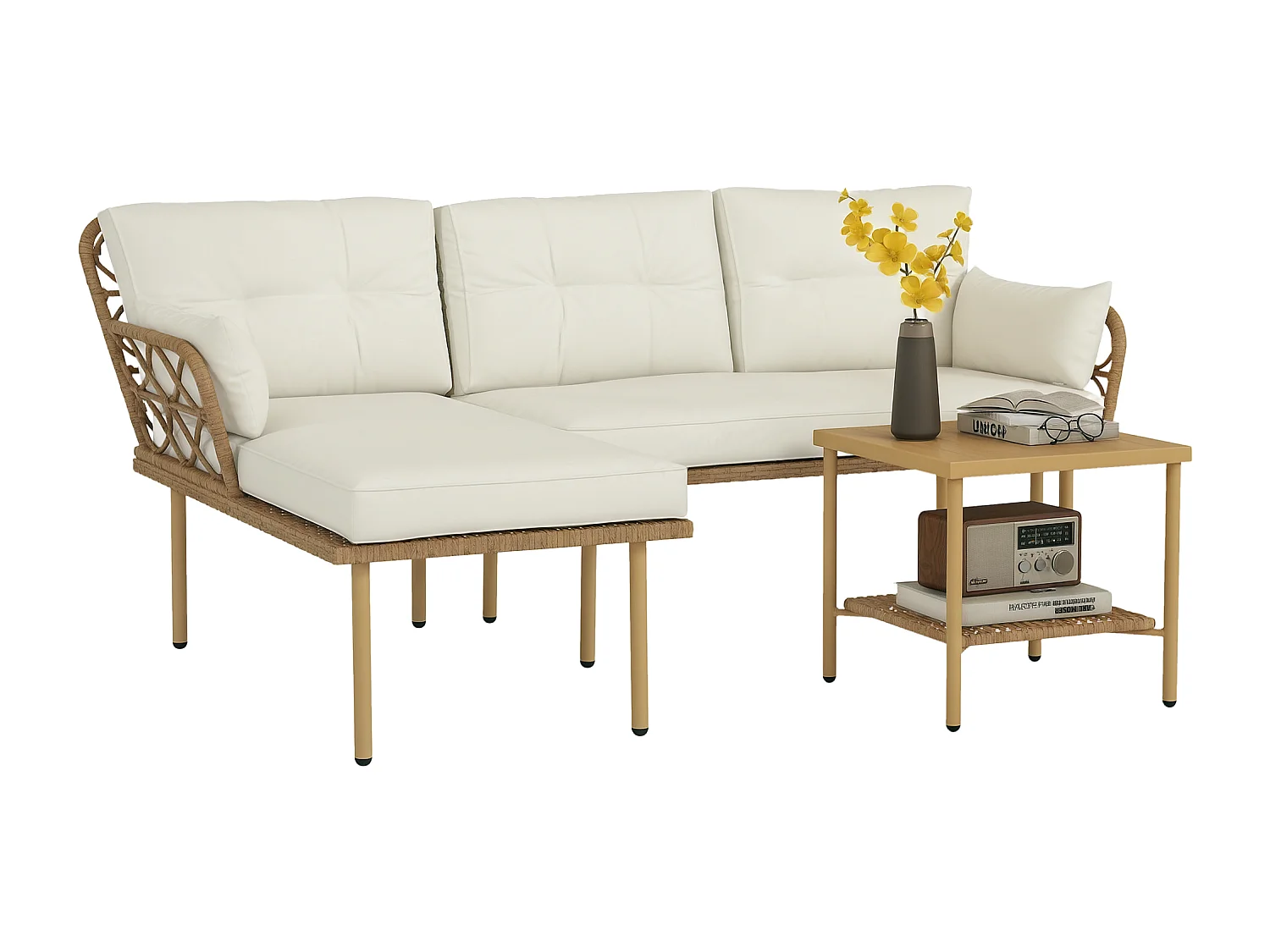 Salon de jardin d'angle 4 places style exotique - coussins, table basse inclus - résine tressée aspect rotin