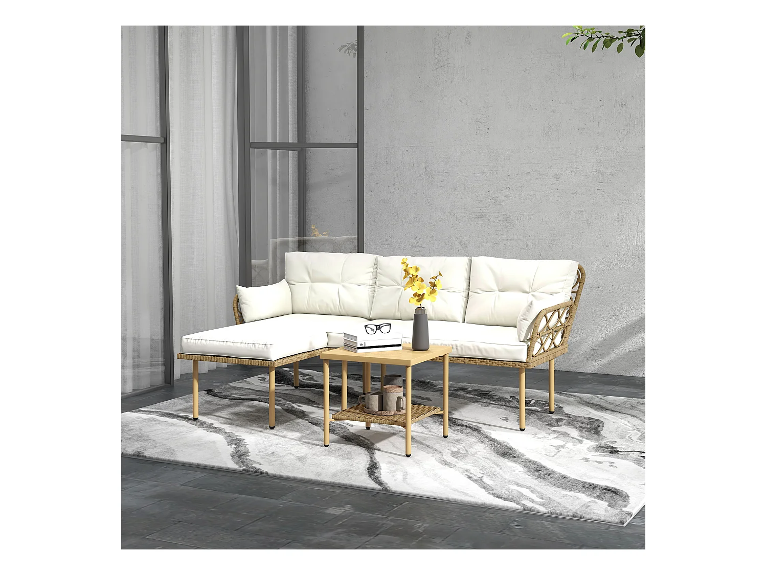 Salon de jardin d'angle 4 places style exotique - coussins, table basse inclus - résine tressée aspect rotin