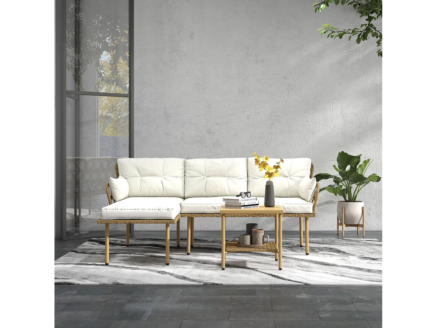 Salon de jardin d'angle 4 places style exotique - coussins, table basse inclus - résine tressée aspect rotin