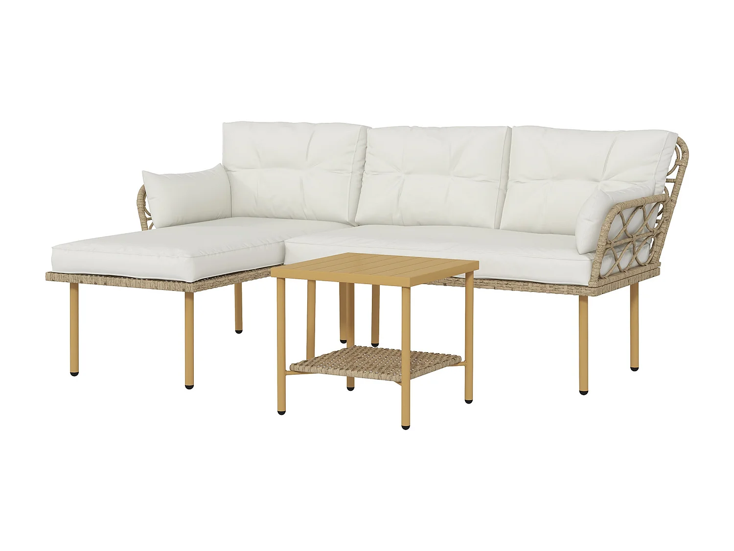 Salon de jardin d'angle 4 places style exotique - coussins, table basse inclus - résine tressée aspect rotin