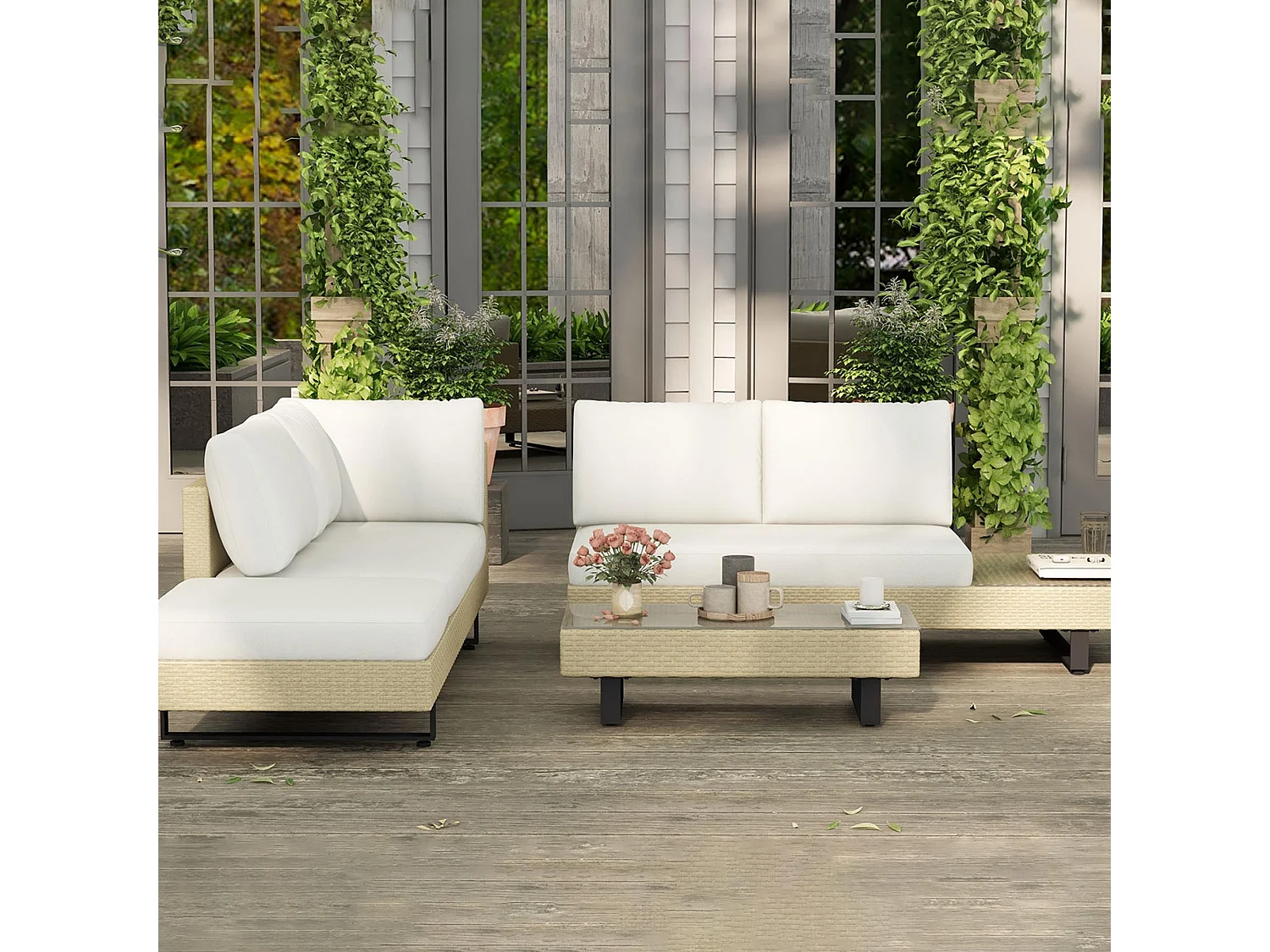 Ensemble salon de jardin d'angle 5 places design contemporain coussins déhoussables table basse acier époxy résine tressée beige