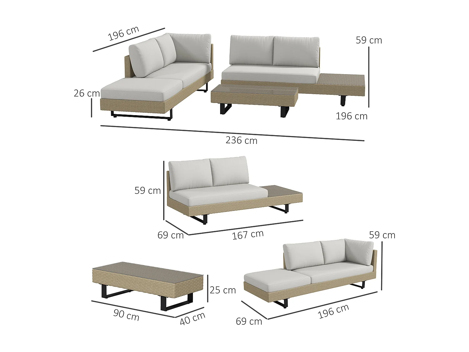 Ensemble salon de jardin d'angle 5 places design contemporain coussins déhoussables table basse acier époxy résine tressée beige