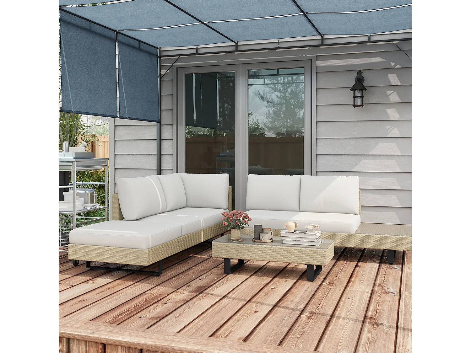 Ensemble salon de jardin d'angle 5 places design contemporain coussins déhoussables table basse acier époxy résine tressée beige