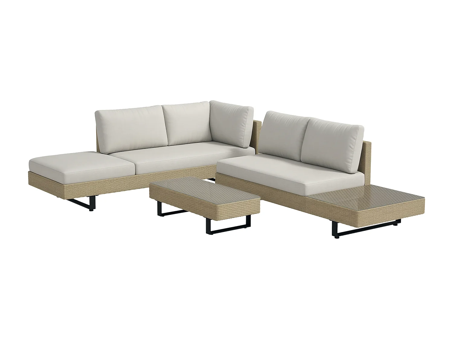 Ensemble salon de jardin d'angle 5 places design contemporain coussins déhoussables table basse acier époxy résine tressée beige