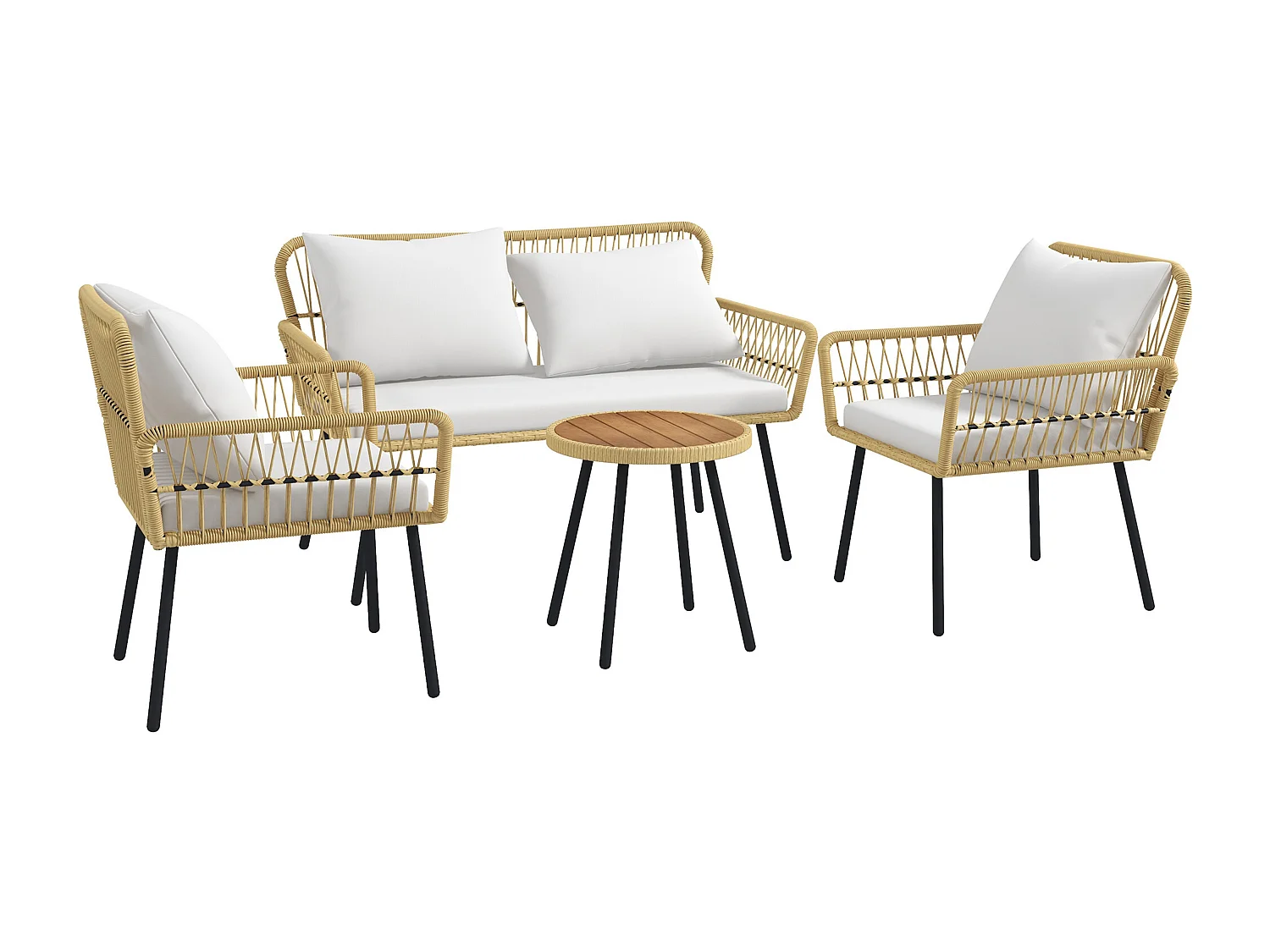 Ensemble salon de jardin 4 pièces canapé 2 places 2 fauteuils table basse coussins