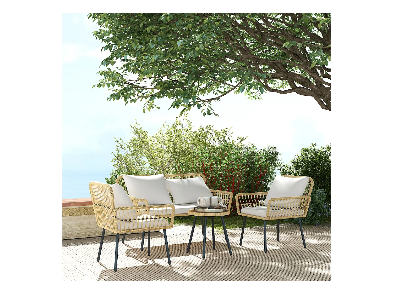 Ensemble salon de jardin 4 pièces canapé 2 places 2 fauteuils table basse coussins