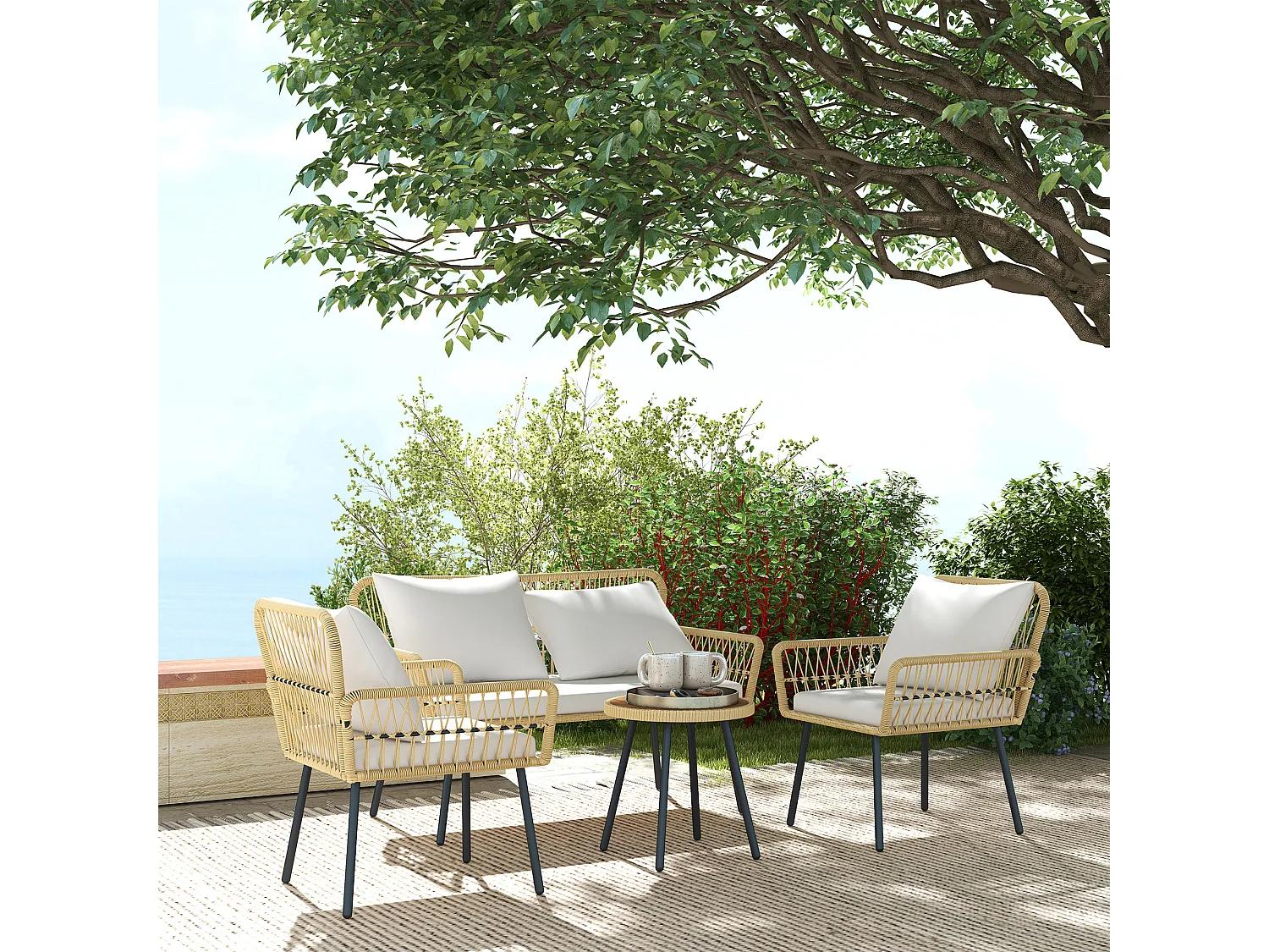 Ensemble salon de jardin 4 pièces canapé 2 places 2 fauteuils table basse coussins