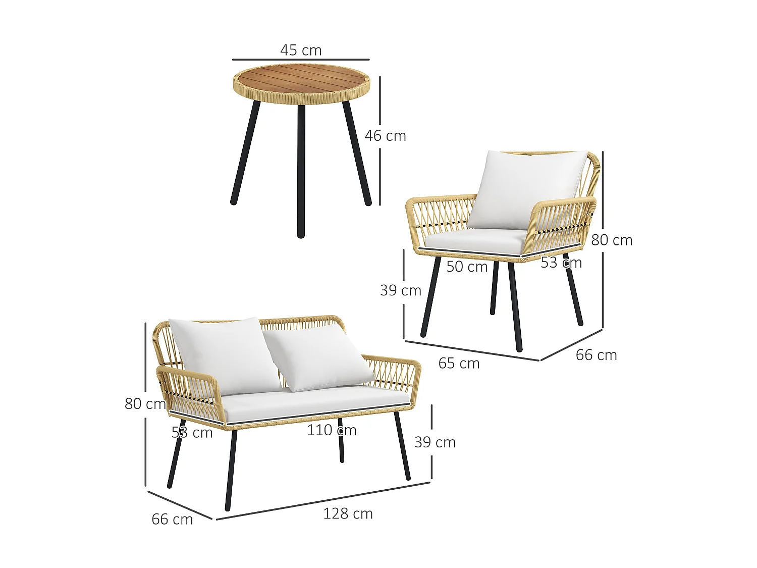 Ensemble salon de jardin 4 pièces canapé 2 places 2 fauteuils table basse coussins