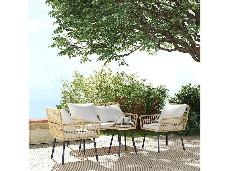 Ensemble salon de jardin 4 pièces canapé 2 places 2 fauteuils table basse coussins