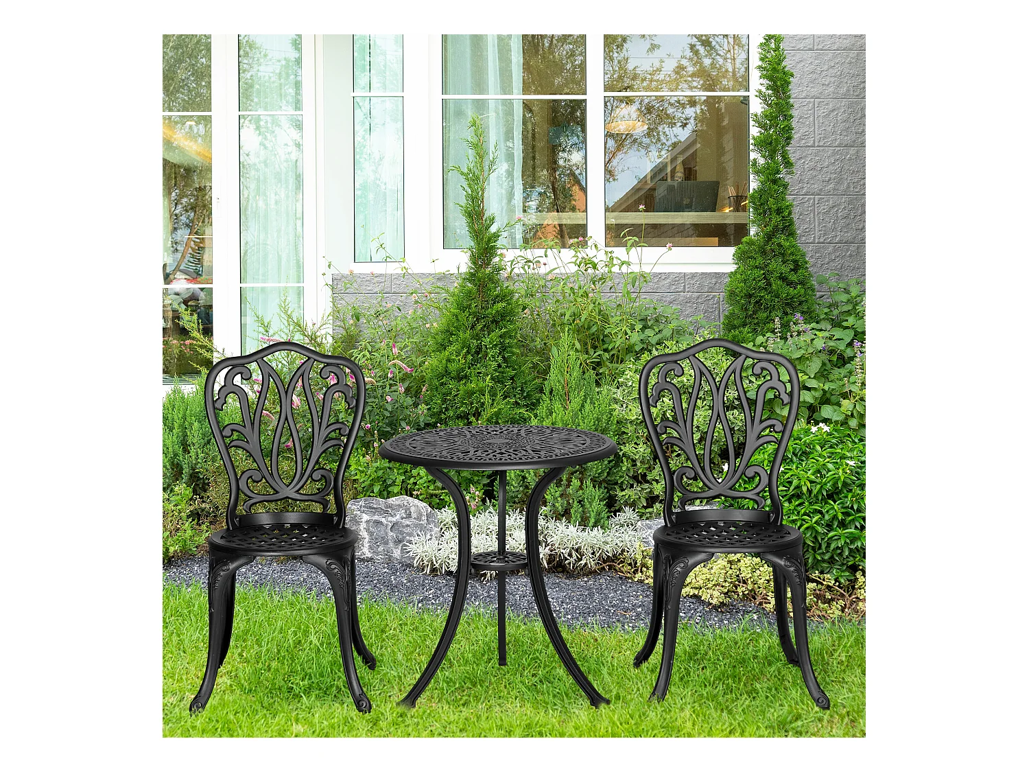 Ensemble salon de jardin 2 places avec table ronde style rétro fonte alu noir