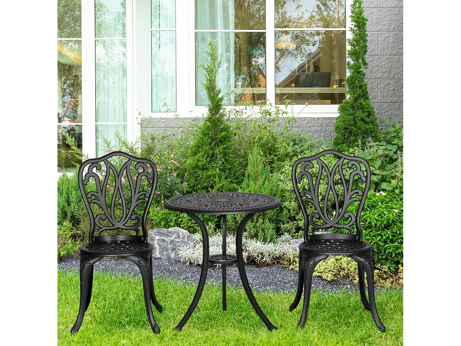 Ensemble salon de jardin 2 places avec table ronde style rétro fonte alu noir