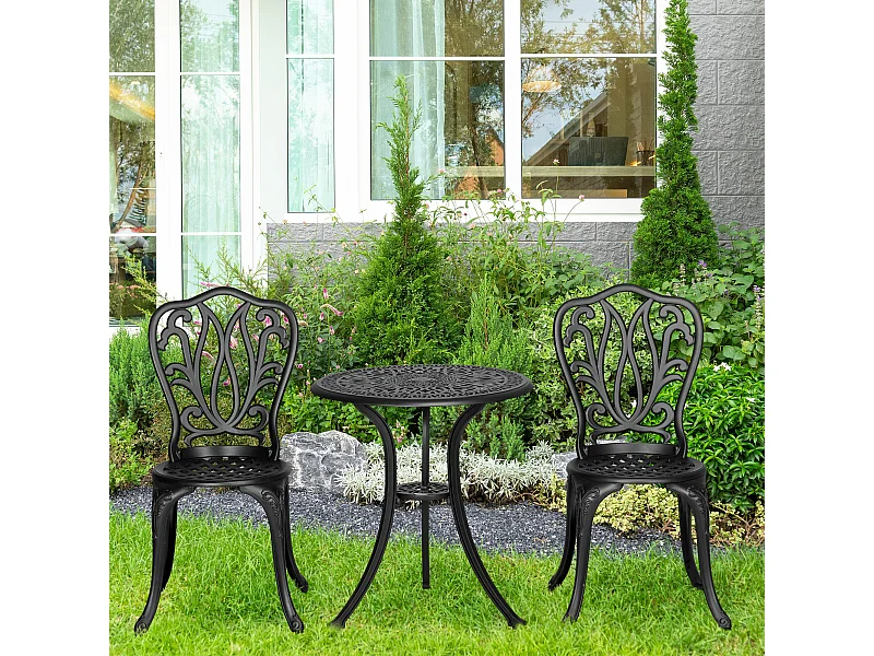 Ensemble salon de jardin 2 places avec table ronde style rétro fonte alu noir