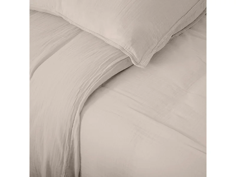 Parure de lit 3 pièces 240x220 cm et 65x65 cm mousseline de coton MILOS beige naturel