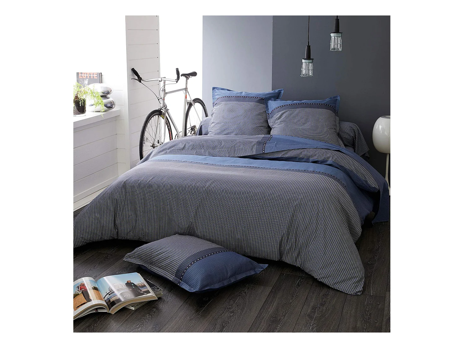 Parure de lit 240x220 cm 50x70 cm en satin de coton ENZO bleu