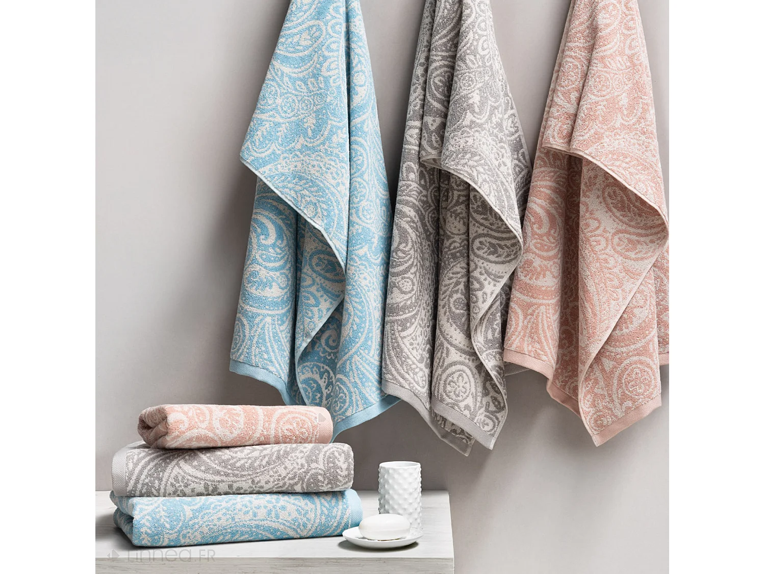 Lot de 2 gants de toilette coton 16x21 cm motif mandala collection PLENTY gris