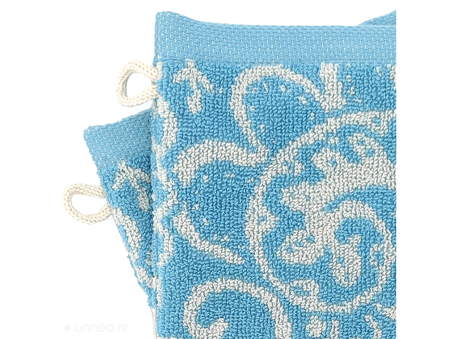 Lot de 2 gants de toilette coton 16x21 cm motif mandala collection PLENTY bleu