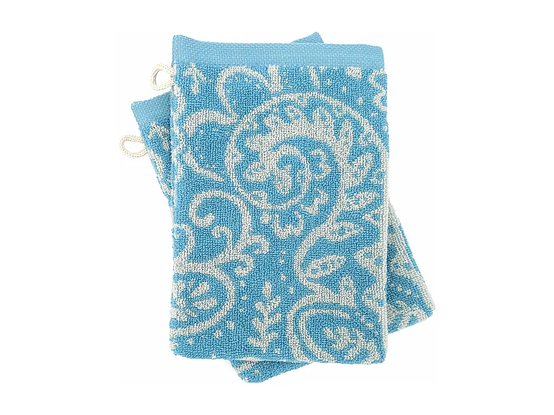 Lot de 2 gants de toilette coton 16x21 cm motif mandala collection PLENTY bleu
