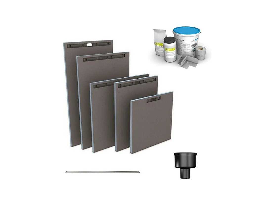 Receveur à carreler WEDI Fundo Riolito Neo + barrette de finition inox + bonde vertical + kit d'étanchéité 120 x 90 cm