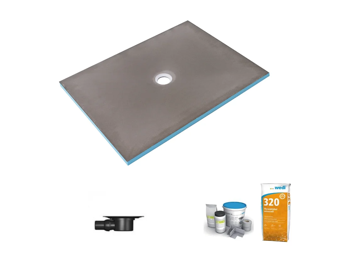Receveur de douche à carreler 150 x 100 WEDI Fundo Primo écoulement centré + bonde horizontale + kit d'étanchéité + colle 320