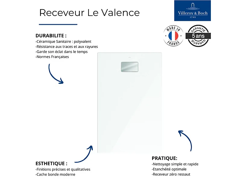 Receveur de douche zéro ressaut 120 x 90 VILLEROY ET BOCH Le Valence céramique avec cache bonde