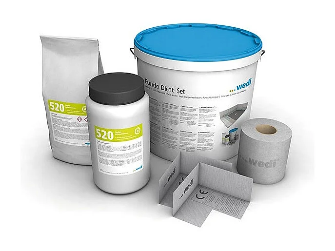 Receveur à carreler WEDI Fundo Riolito Neo + barrette de finition inox + bonde vertical + kit d'étanchéité 140 x 90 cm