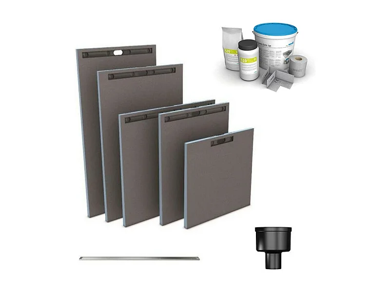 Receveur à carreler WEDI Fundo Riolito Neo + barrette de finition inox + bonde vertical + kit d'étanchéité 140 x 90 cm