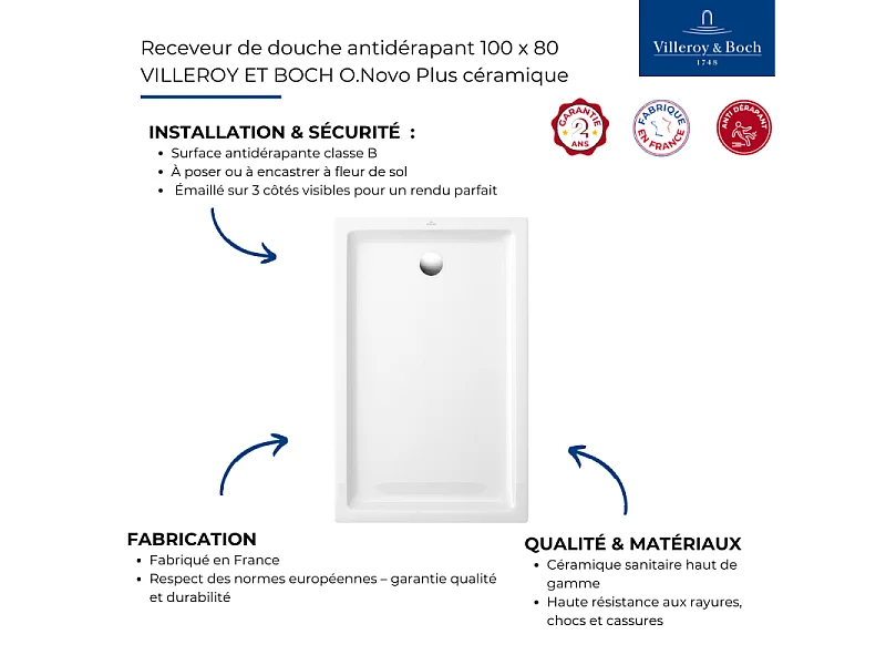Receveur de douche antidérapant 100 x 80 VILLEROY ET BOCH O.Novo Plus céramique blanc