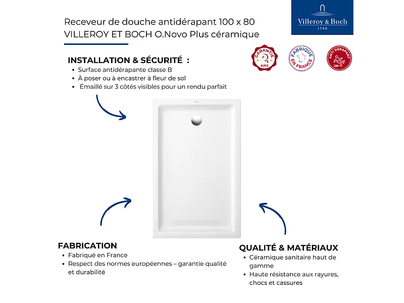 Receveur de douche antidérapant 100 x 80 VILLEROY ET BOCH O.Novo Plus céramique blanc