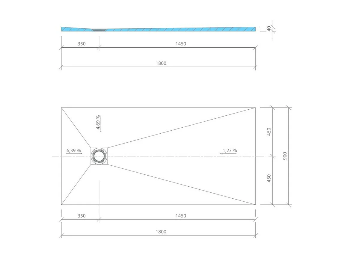 Receveur de douche à carreler 180 x 90 WEDI Fundo Primo rectangle écoulement excentré + bonde horizontale + kit d'étanchéité