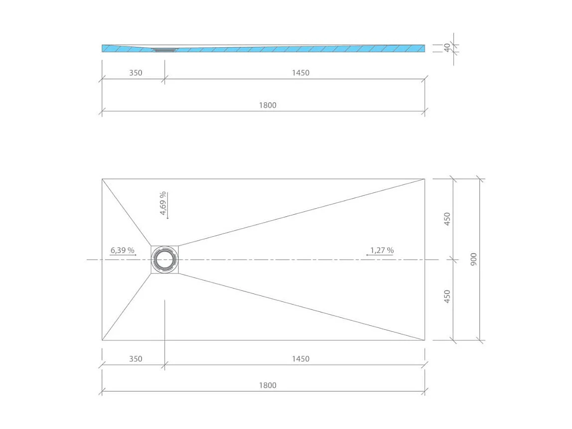 Receveur de douche à carreler 180 x 90 WEDI Fundo Primo rectangle écoulement excentré + bonde horizontale + kit d'étanchéité