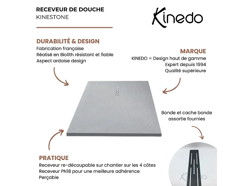 KINEDO Receveur antidérapant 140 x 90 Kinestone biolith rectangle gris anthracite
