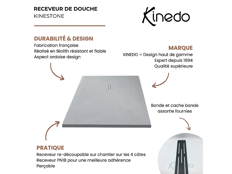 KINEDO Receveur antidérapant 140 x 90 Kinestone biolith rectangle gris anthracite