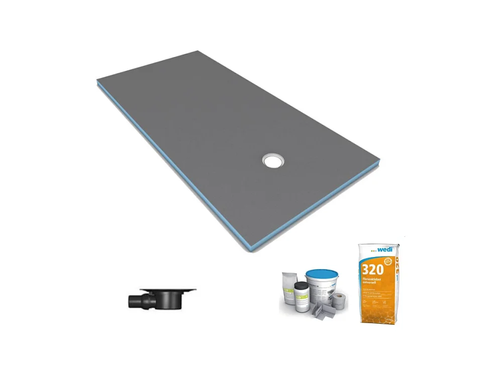 Receveur de douche à carreler 160 x 100 WEDI Fundo Primo écoulement excentré + bonde horizontale + kit d'étanchéité + colle 320