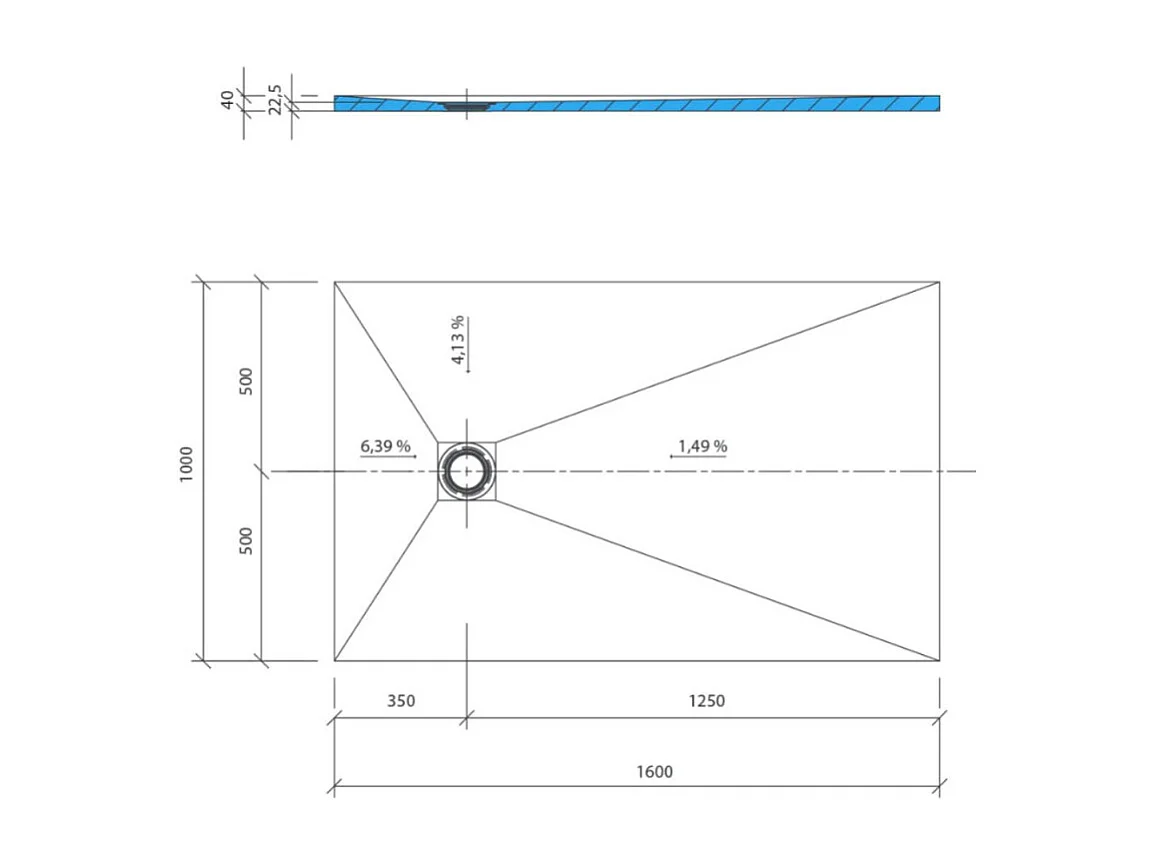 Receveur de douche à carreler 160 x 100 WEDI Fundo Primo écoulement excentré + bonde horizontale + kit d'étanchéité + colle 320