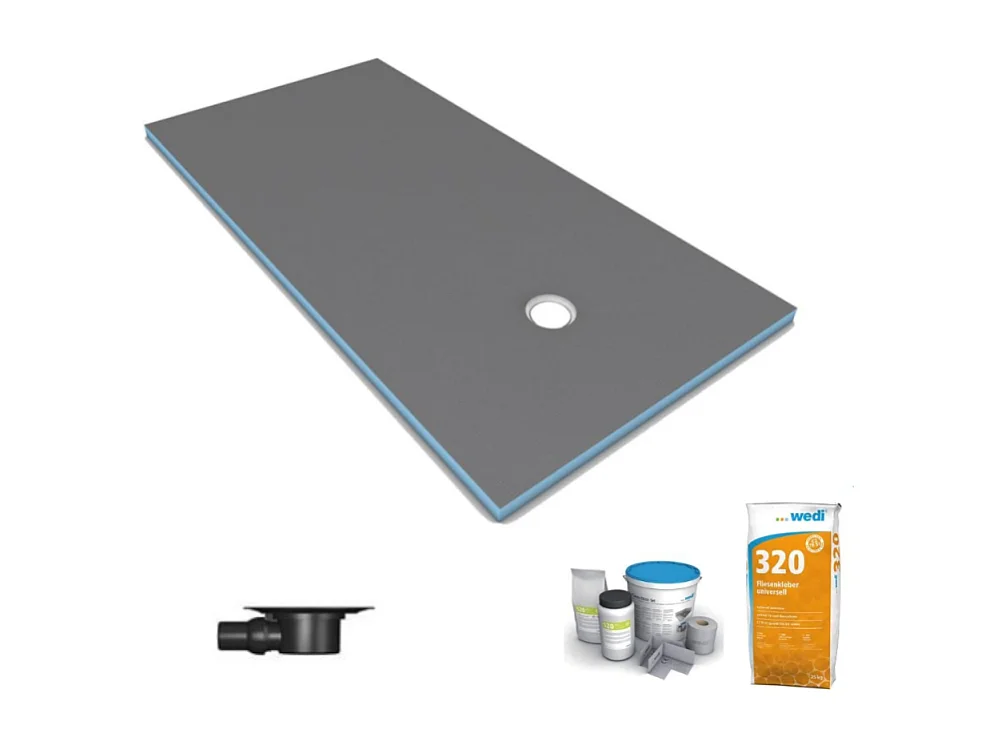Receveur de douche à carreler 160 x 100 WEDI Fundo Primo écoulement excentré + bonde horizontale + kit d'étanchéité + colle 320