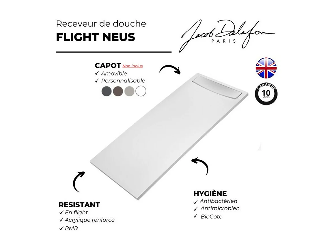 Receveur de douche antidérapant 120 x 80 JACOB DELAFON Flight Neus rectangle blanc